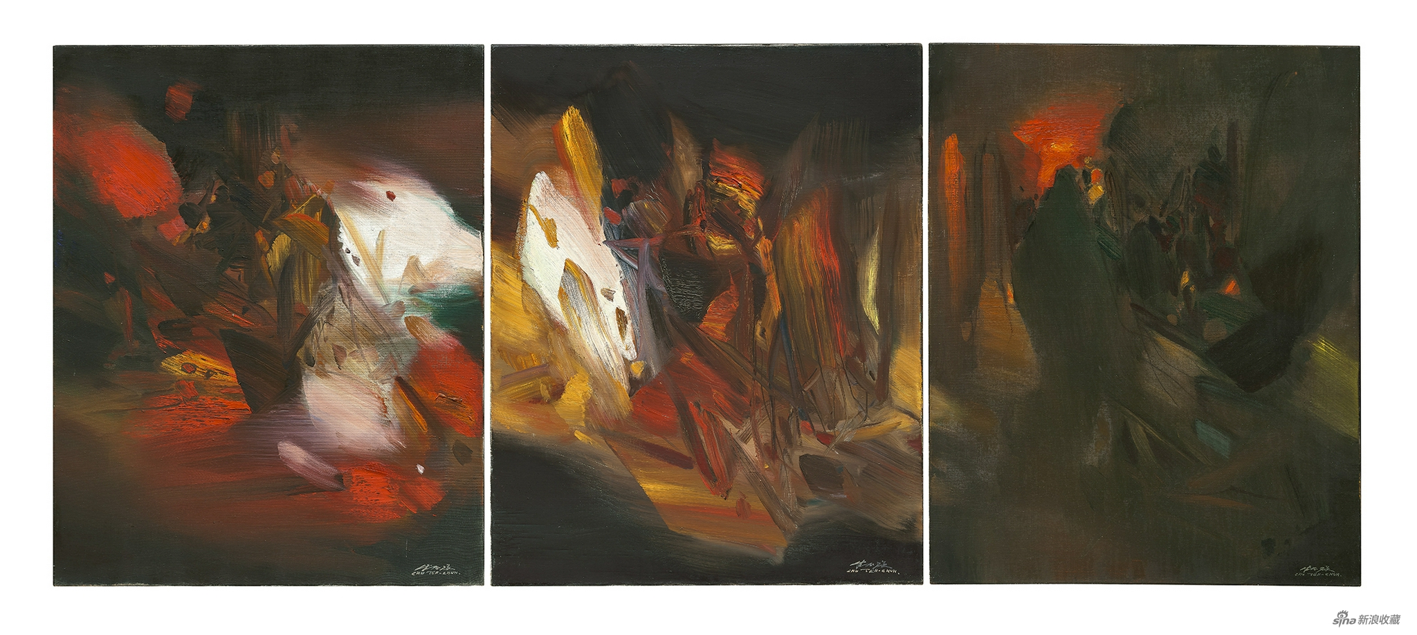 朱德群《旭日千里》 1979年作 油彩 画布（三联作），每联81 x 65 cm，全长81 x 195 cm