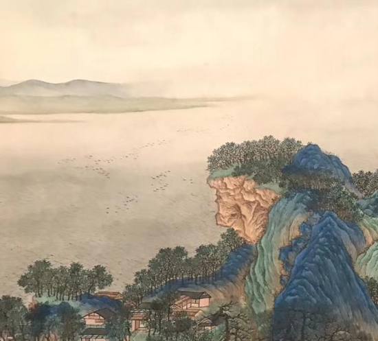 清代宫廷画家王炳临摹《千里江山图卷》局部