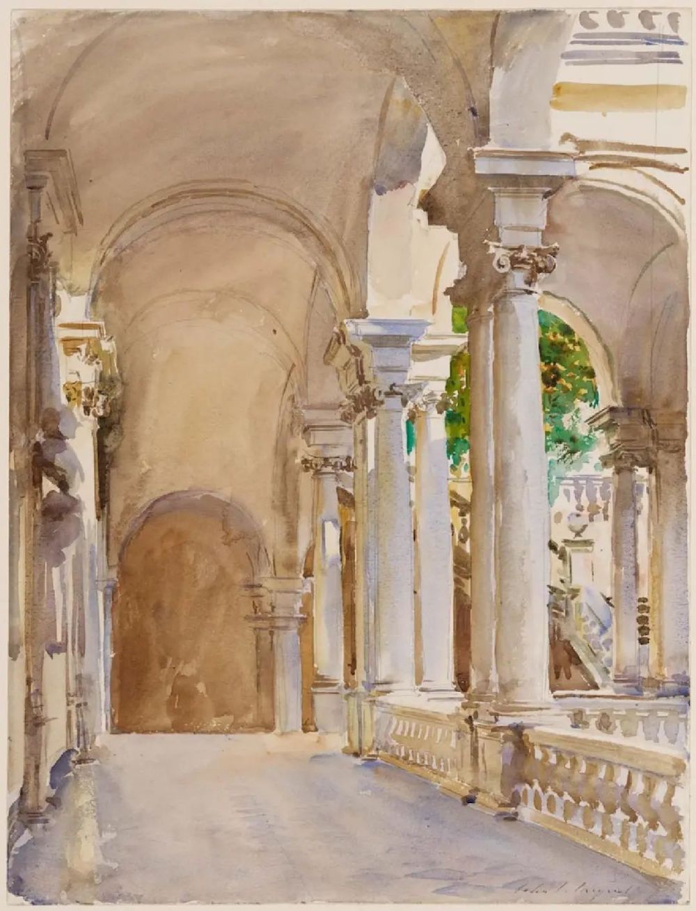 《热那亚：大学》，约翰·辛格·萨金特，约1911年，半透明的水彩，加上不透明的水彩和抗蜡剂笔触，绘于纸上底稿之上