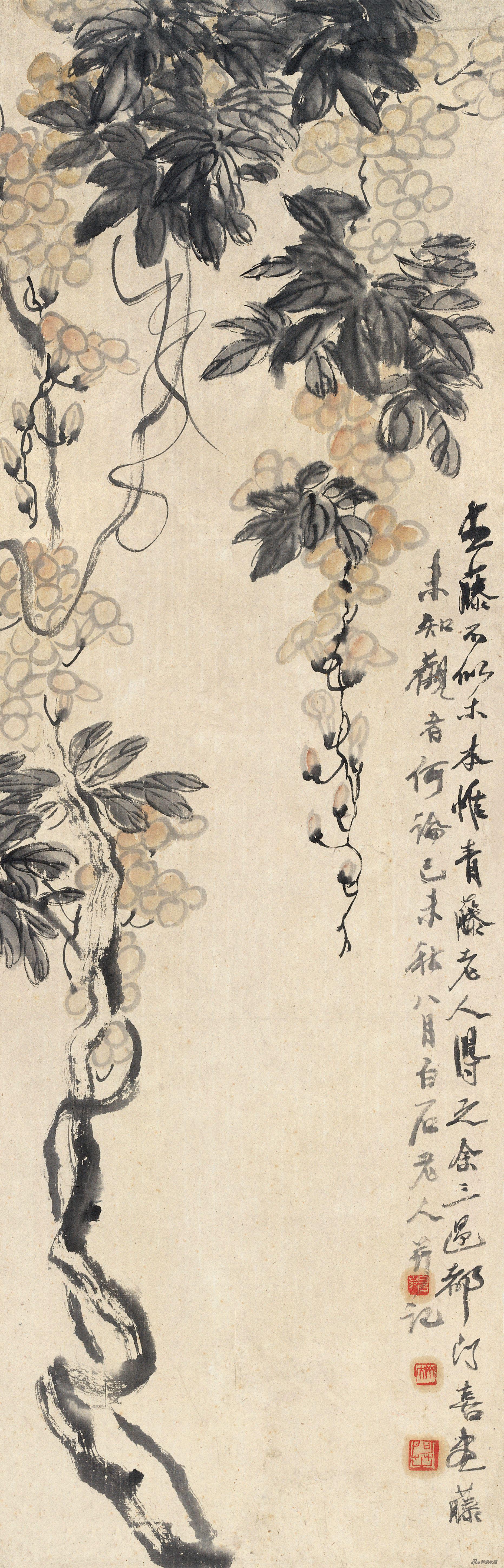 紫藤图 齐白石 106cm×34cm 纸本设色 1919年 北京画院藏
